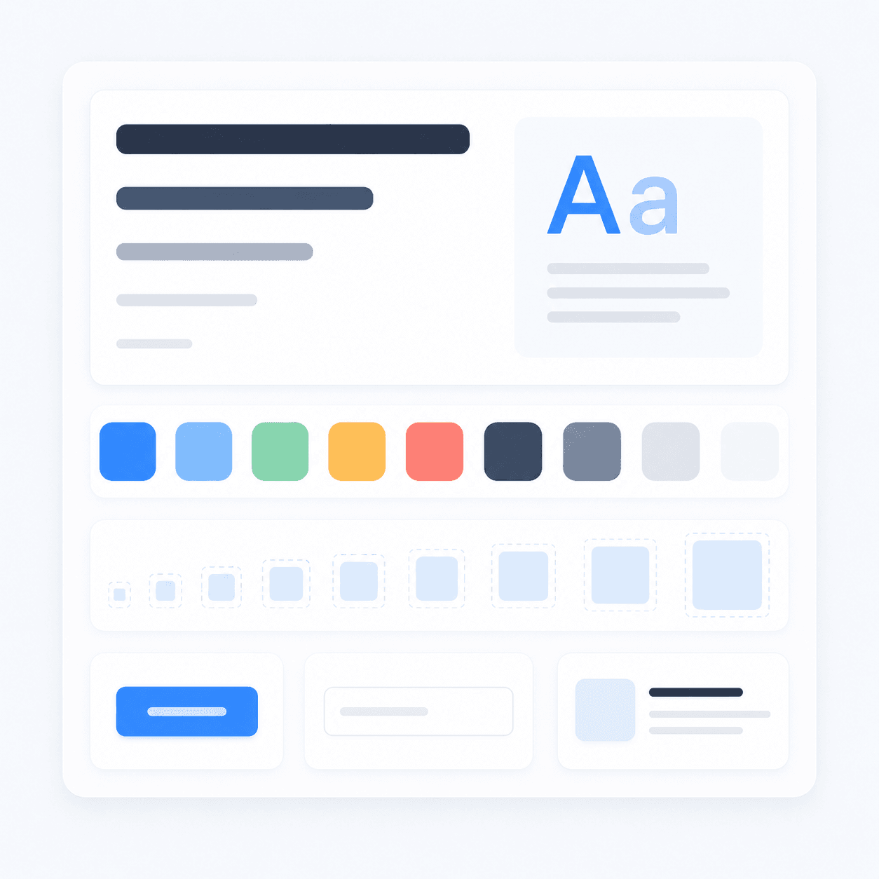 A design system board with a type scale, colour swatches, and components