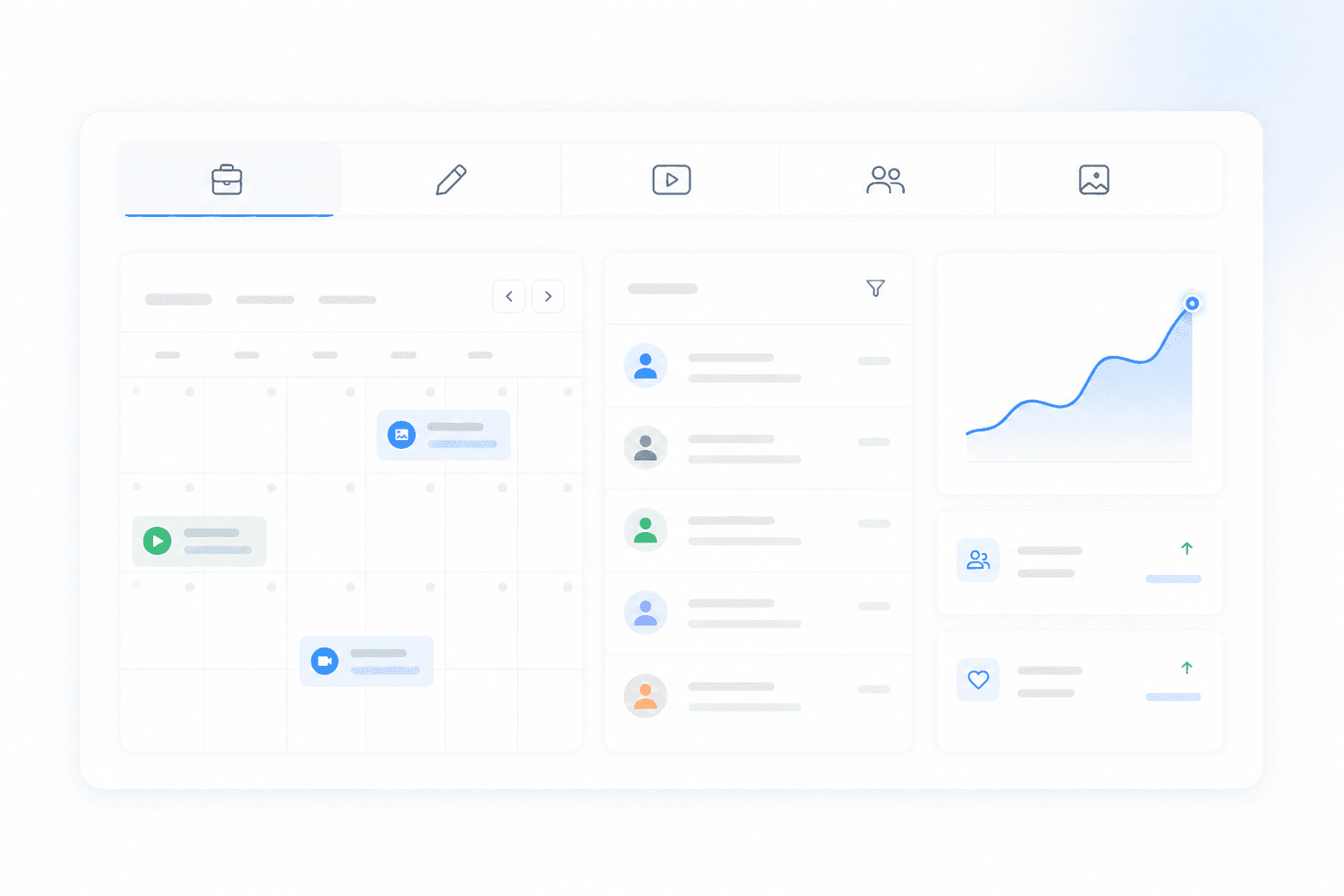 A social media command centre with platform tabs, a calendar, an inbox, and account health
