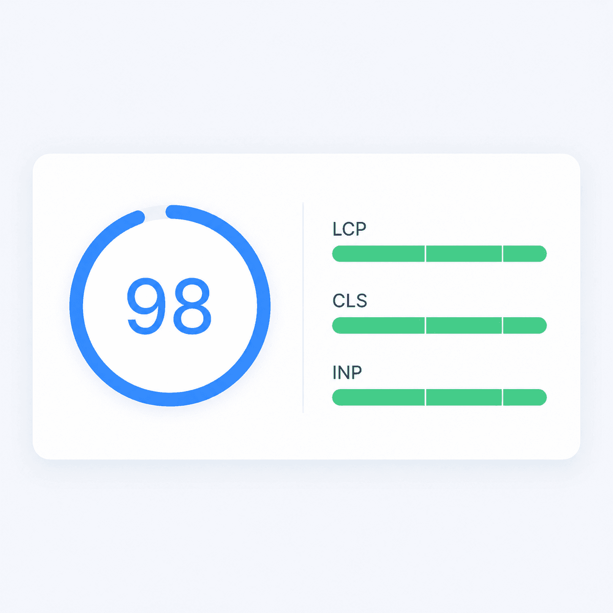 A performance dashboard with a high score and green Core Web Vitals